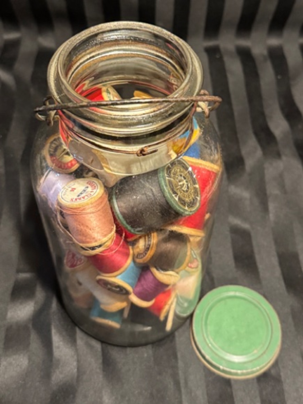 Hazel-Atlas Glass Jar Filled with Colorful Spools of Thread- All Vintage